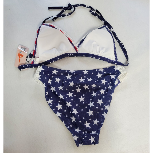 Women's Bikini Swimsuit Junior Size L Bikini Red White Blue Crochet Trim - Picture 7 of 10